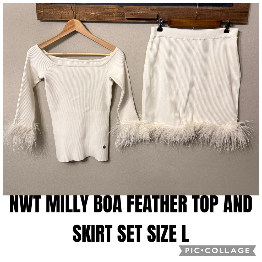 NWT MILLY BOA FEATHER TOP AND SKIRT SET SIZE L